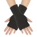 Dark brown knitted fingerless arm warmers with a vertical ribbed pattern texture. - One Size / Dark Gray