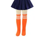 Orange knee high socks for girls with three white stripes knitted athletic school style - One Size (7-12 Years) / Orange with White Stripes