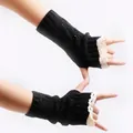 Elegant black knitted fingerless gloves with delicate cream lace trim for winter - One Size / Black