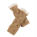 Warm winter knitted fingerless gloves with elegant white lace trim in camel brown - One Size / Camel