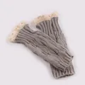 Grey knitted fingerless gloves with delicate cream lace trim for winter warmth and style. - One Size / Light Gray