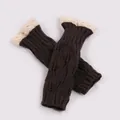 Warm dark brown acrylic knit fingerless gloves with an elegant cream lace trim border - One Size / Dark Gray