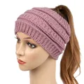 Dusty pink knitted wide headband with ponytail hole for winter women fashion - Leather Purple