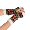 A detailed view of winter knit fingerless gloves featuring colorful snowflake patterns - One Size / White
