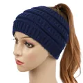 Navy blue wide knitted winter headband for women featuring a ponytail hole design - Navy Blue