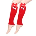 Red knitted leg warmers with plush bows and white pom-poms in a festive Christmas style. - One Size / Red