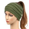 Wide olive green knitted winter headband with ponytail hole for women warm ear warmer - Army Green