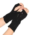 Black knitted hollow fingerless gloves for women, warm acrylic winter hand warmers. - One Size / Black