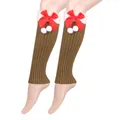 Brown Christmas knitted leg warmers with red bows and white pom-poms for winter warmth - One Size / Khaki