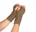 Warm brown cable knit fingerless gloves with a classic cable pattern for autumn winter - One Size / Khaki