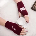 Detailed view of burgundy knitted fingerless gloves with white devil embroidery for Halloween - Devil Pattern Fingerless Gloves (ST19 Devil Tail) / Burgundy