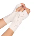 Cozy cream white knitted fingerless gloves featuring stylish hollow-out patterns for winter - One Size / White