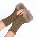 Cozy winter knitted fingerless gloves featuring soft grey faux fur trim in a warm brown color - One Size / Khaki