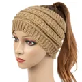 Wide khaki knitted ponytail headband for women, winter warm crochet thermal ear warmer - Camel