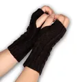 Cozy dark brown cable knit fingerless gloves featuring classic 8-character braid pattern - One Size / Black
