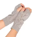 Light gray knitted fingerless gloves with cable knit and hollow-out pointelle design. - One Size / Light Gray