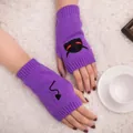 Close-up detail of purple knitted fingerless gloves featuring cute devil embroidery - Devil Pattern Fingerless Gloves (ST19 Devil Tail) / Purple