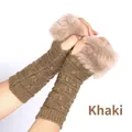 Premium kaki gebreide vingerloze handschoenen met zachte rand van imitatiebont - Eén maat / Khaki