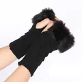 Cozy black cable knit fingerless gloves featuring elegant soft faux rabbit fur trim - One Size / Black