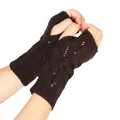 Gants tricotés sans doigts marron foncé avec un design élégant à motif ajouré - Taille unique / Café