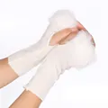 White knitted fingerless gloves with soft faux fur trim for autumn and winter warmth - One Size / White