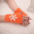 Orange knitted fingerless gloves with white snowflake embroidery for Christmas winter. - One Size / Orange