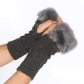 Winter warm grey knitted fingerless gloves featuring soft faux rabbit fur trim for women - One Size / Dark Gray