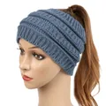 Blue knitted wide headband for women, stylish ponytail beanie hat for autumn and winter - Haze Blue