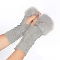 Cozy grey knitted fingerless gloves featuring plush faux fur trim for autumn winter warmth - One Size / Light Gray
