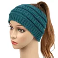 Teal knitted ponytail headband for women with warm ribbed texture displayed on mannequin - Teal