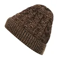 Dark brown cable knit beanie hat for winter warmth with thick textured pullover design - Adjustable / Marled Coffee and Khaki