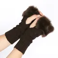 Dark brown knitted fingerless gloves featuring soft faux fur trim and cozy winter warmth - One Size / Coffee