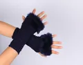 Soft navy blue knitted fingerless gloves featuring plush faux fur trim for winter - One Size / Navy Blue