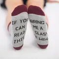 Detailed macro close-up showing creative lettered soles on gray and red cotton crew socks - One Size / Gray Burgundy (Bring Me A Glass Of Wine)