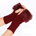 Burgundy knitted fingerless gloves with soft faux fur trim for autumn and winter - One Size / Burgundy