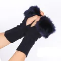 Navy blue knitted fingerless gloves with faux rabbit fur trim for winter warmth. - One Size / Navy Blue