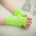 Bright green knitted fingerless gloves with white snowflake embroidery for Christmas - One Size / Fluorescent Yellow