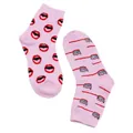 Detailed view of pink socks with fun red lip and toothbrush illustration patterns - One Size / Pink