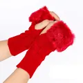 Warm winter red knitted fingerless gloves with soft fluffy faux fur trim for cold weather - One Size / Red