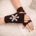 Dark brown fingerless knitted gloves with white snowflake embroidery for Christmas winter - One Size / Coffee