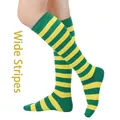 Chaussettes hautes à rayures larges horizontales vertes et jaunes pour femmes - Taille unique / Large Rayure / Vert Olive et Jaune