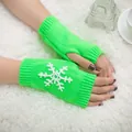 Neon green knitted fingerless gloves with white snowflake embroidery pattern - One Size / Fluorescent Green