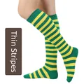 Chaussettes hautes rayées horizontales vertes et jaunes pour femmes cosplay et sportives - Taille unique / Rayures Fines / Vert Olive et Jaune