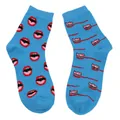 Detailed view of light blue crew socks with trendy lip and toothbrush illustrations - One Size / Blue