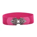 Women's wide fuchsia elastic waist belt with vintage silver interlocking buckle - Rose Red