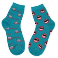Close-up of stylish teal cotton socks with novelty lips and toothbrush patterns. - One Size / Green