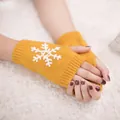 Yellow knit fingerless gloves with white snowflake pattern for Christmas winter warmth - One Size / Yellow