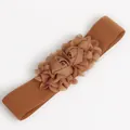 Elegant camel brown women's elastic waist belt with decorative fabric flowers for dresses - Brown