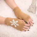 Cozy camel knitted fingerless gloves featuring white snowflake embroidery for winter - One Size / Camel