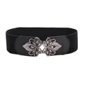 Elegant vintage wide elastic waist belt with ornate silver interlocking buckle for dresses. - Black / 75cm